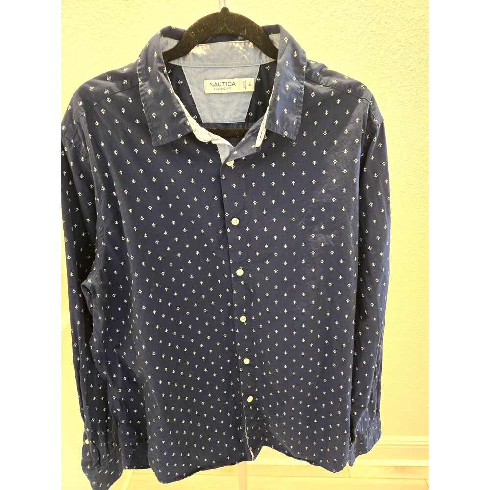 Nautica XL Anchor Print Long Sleeve Button Down Shirt Men Navy Classic Fit